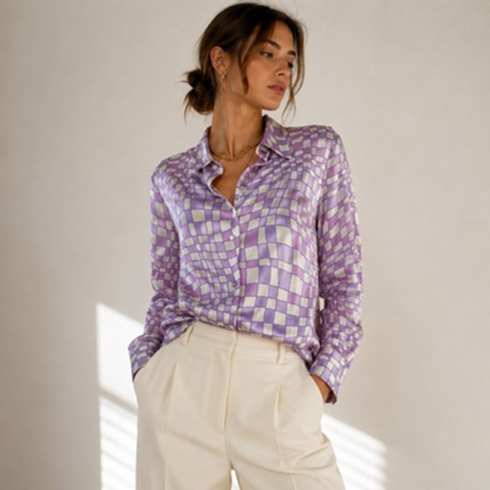 Elie Tahari Shirt Womens Large Purple Silk Satin Check Snap Button Front Top